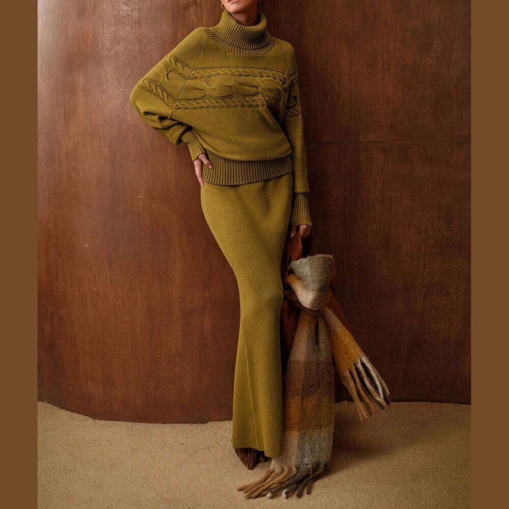 Olive Green Cable Knit Turtleneck Sweater and Maxi Skirt Set